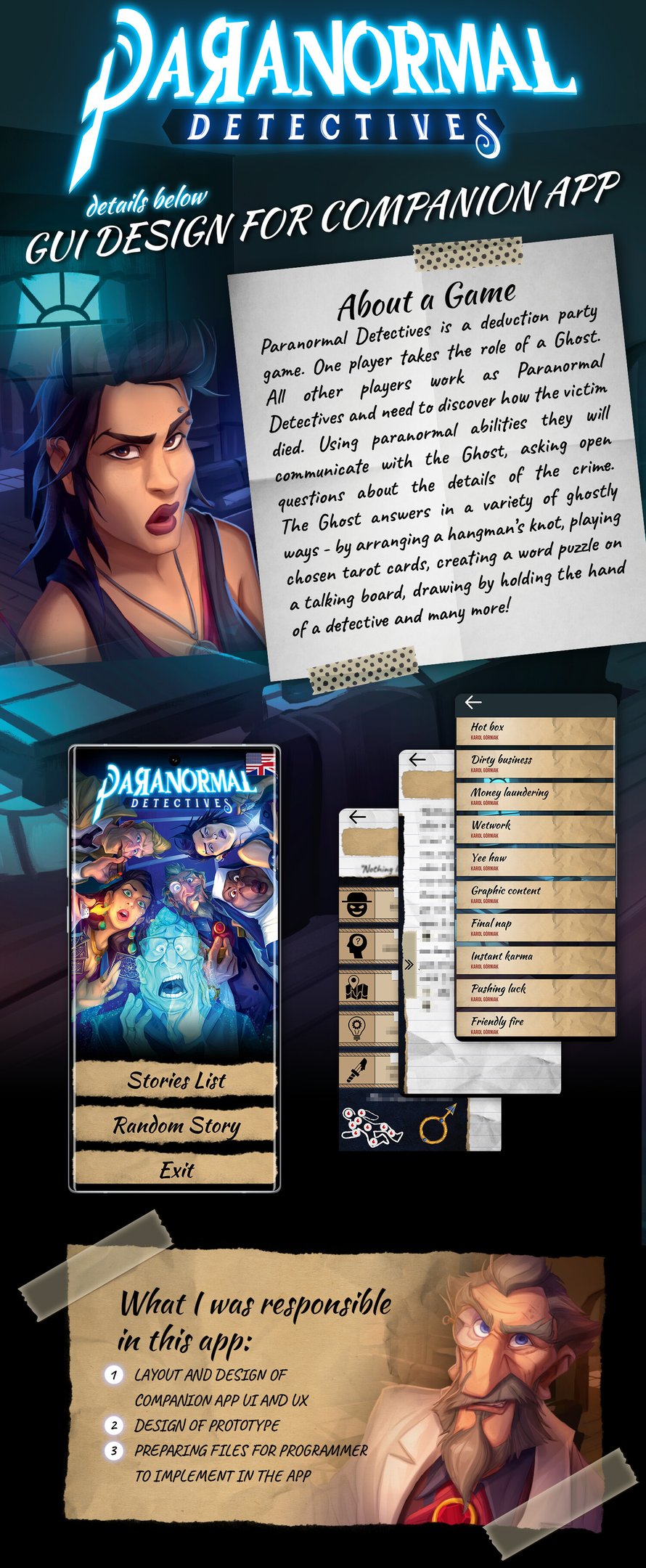 UI Design for companion app with extra scenarios for tabletop game Paranormal Detectives