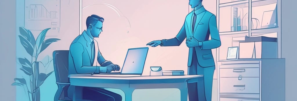 Illustration du robot AumentIA aidant un professionnel à entrer en contact avec notre équipe d’exper