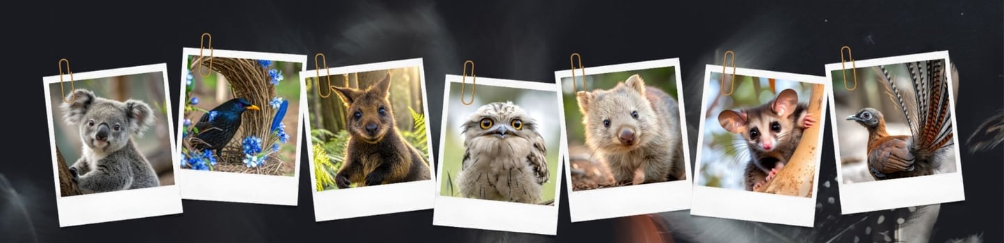 Polaroid photos of Australian wildlife including a koala, wombat, and owl on a dark background.