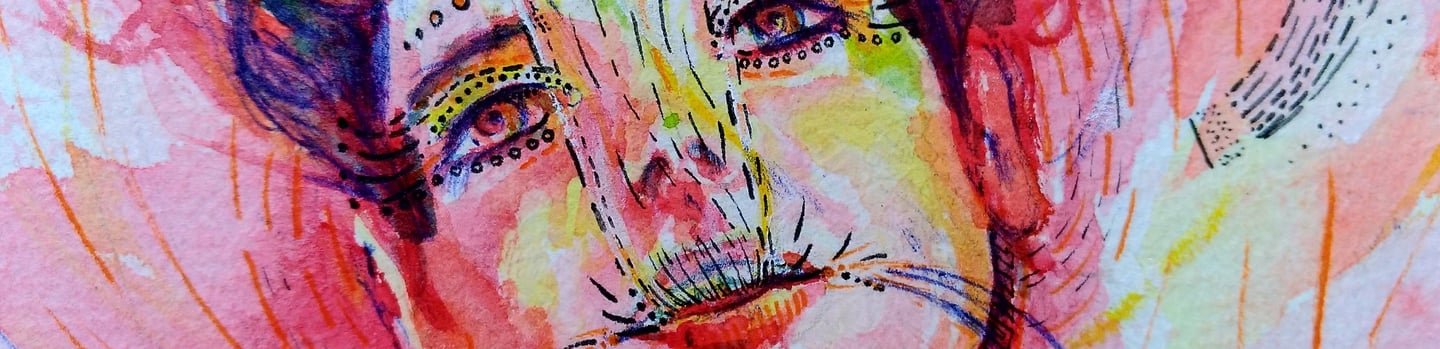 détail d'une aquarelle avec un autoportrait de naía, aux tons rouge, représentant l'énergie des mots sortant de sa bouche