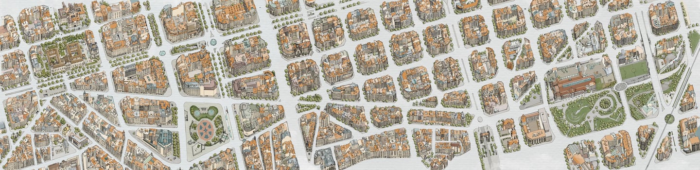 Hand-drawn city map of Barcelona by deliaMAPS, design studio