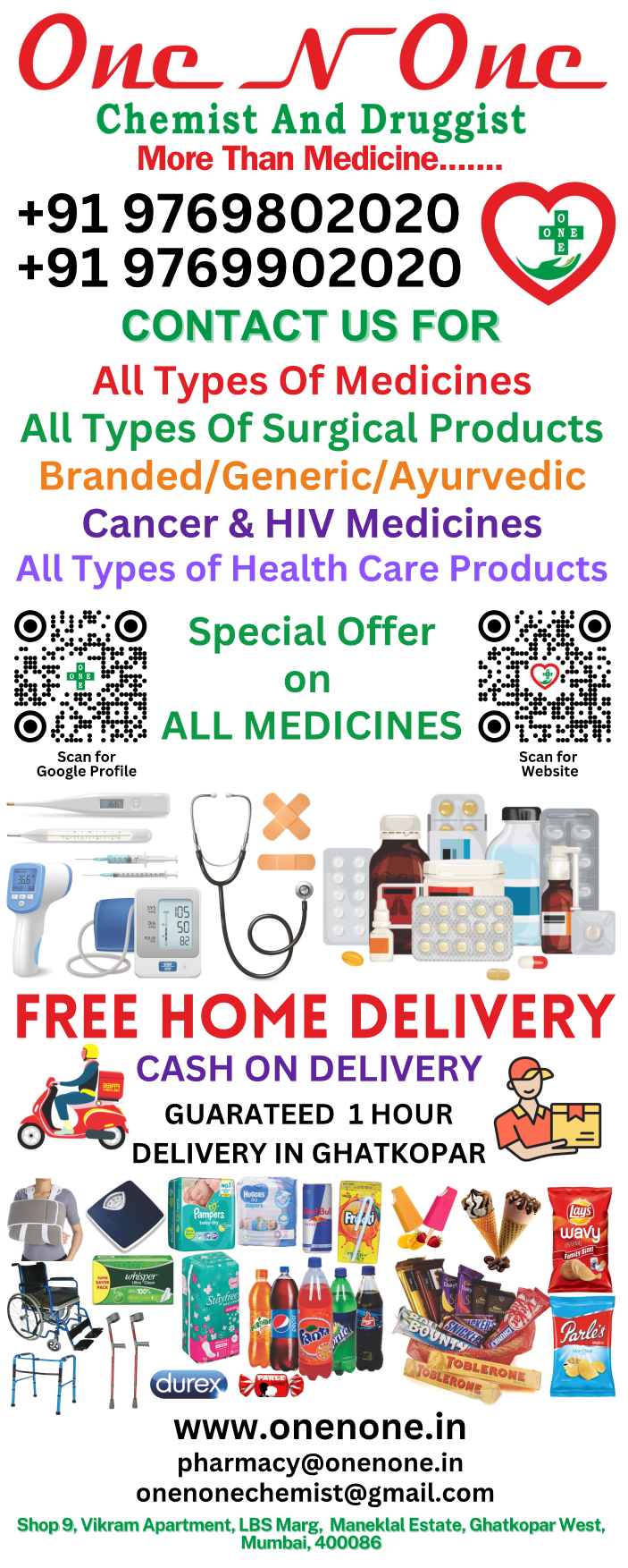 a poster for a medical clinic in india, one n one medical store in ghatkopar,
