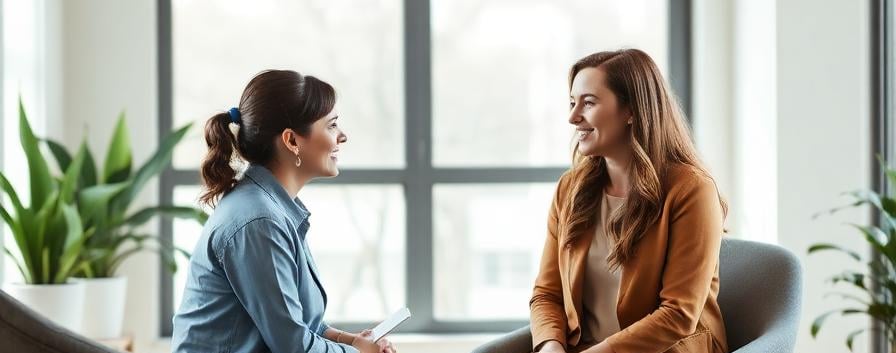 A professional female psychiatrist in a tan suit talks with a smiling client in a bright office.