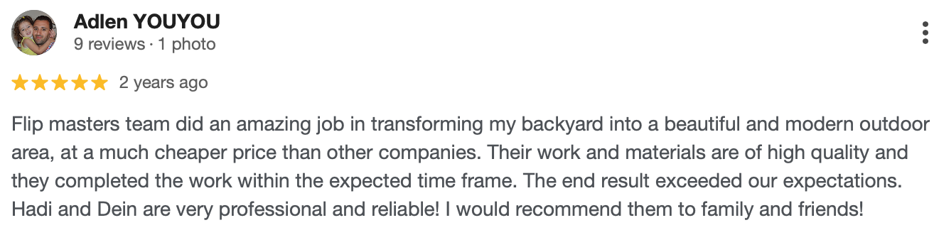 Five-star Google review for Flip Masters landscaping services highlighting modern backyard transformation.