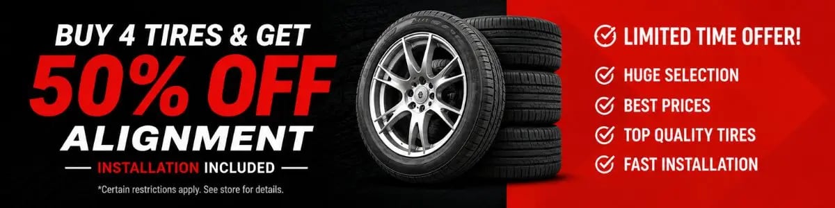 Promotional alignment banner for Fast Tire Shop East LA Olympic location featuring 50% off digital