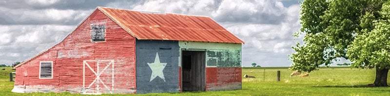 Rustic barn painted with Texas state flag motif, showcasing Texas pride in a rural Texas countryside setting