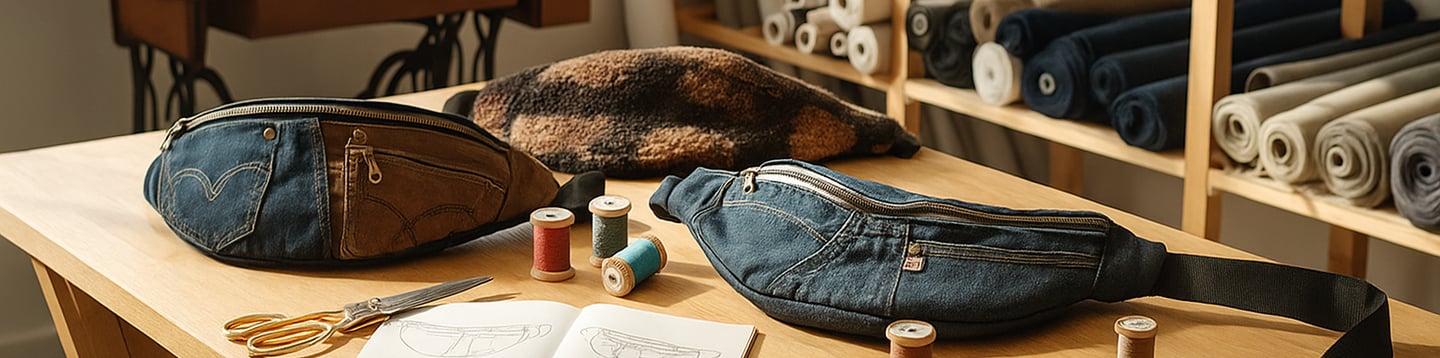 plusieurs sacs banane fait main fait main avec du jean recyclé posés sur une table dans un atelier