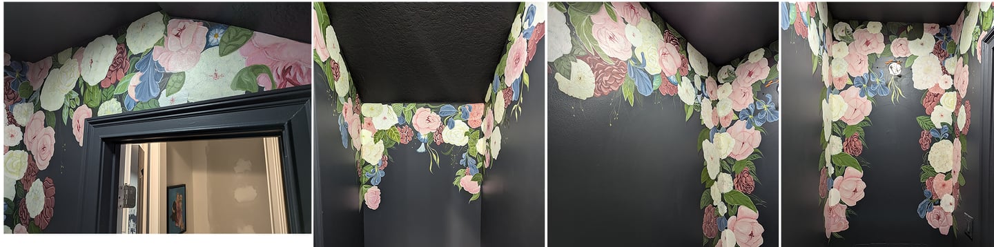 Four wall interior half bath mural of flowers and foliage draped and cascading.