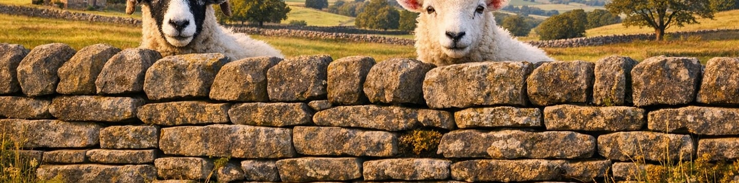 two Dales sheep looking over a traditional stone wall.