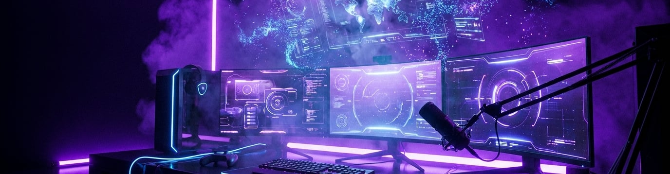 Gaming setup dark and violet with alot of monitors
