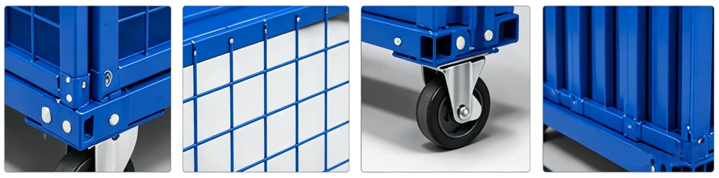 Close-up views of a blue heavy-duty rolling metal mesh storage cage with swivel casters.