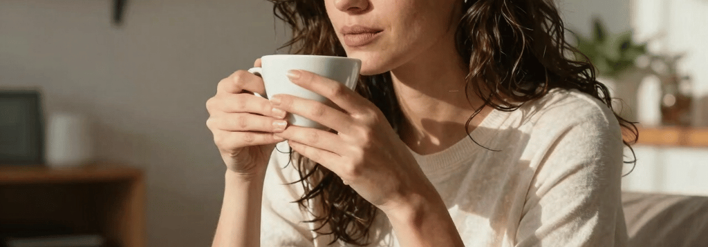 A relaxed portrait of a confident woman enjoying a quiet cup of tea in a sun-drenched modern apartment in Spain / Latin America, feeling grounded and present, soft warm tones.