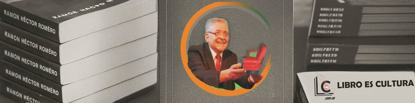 Collage: Pila de Libros con la Imágen del Escritor Ramón H. Romero, y el Logo de "Libro es Cultura"