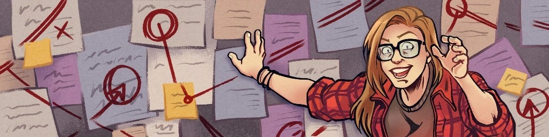 Cartoony illustration of Sara Dudenhoeffer standing in front of a wall of post-it notes and papers.