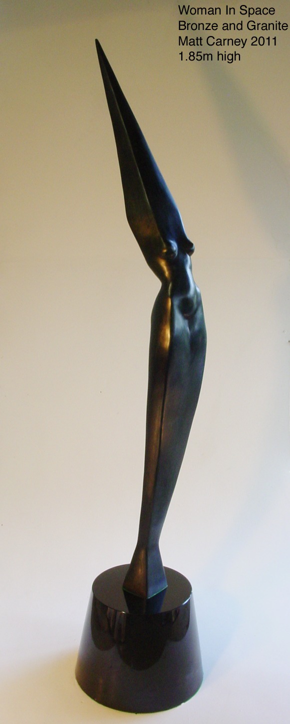 a sculpture of a woman's torso inside an elongated diamond shape on a black granite base