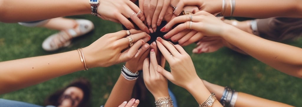 un grupo de personas de pie en círculo con las manos juntas, enseñándose sus joyas