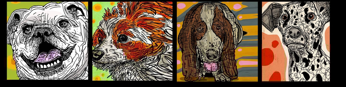 a group of four dogs with their faces painted on them