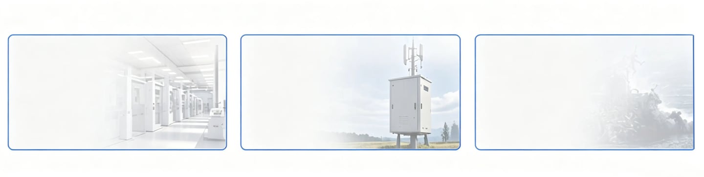 Three-panel banner showing a cleanroom lab, an outdoor telecommunications cabinet, and an industrial scene.