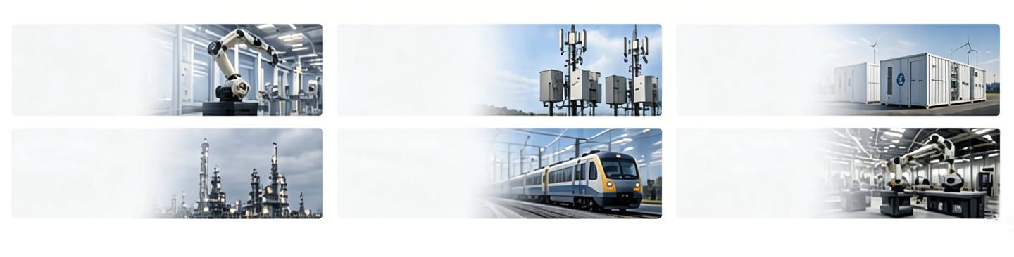 Collage of industrial technology including automation robots, 5G towers, green energy storage, and modern transit.
