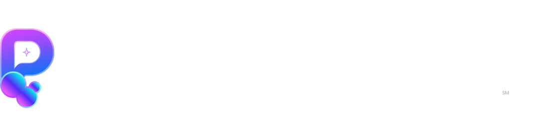 Purple and blue gradient letter P logo with a sparkling star and geometric circles.