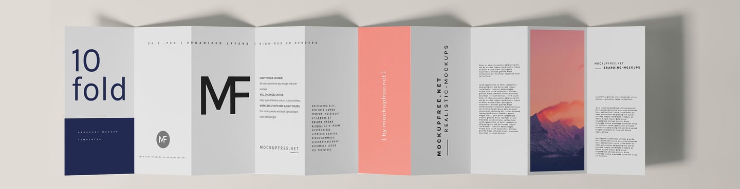 10-fold brochure with a gray background, featuring a minimal design for a sleek and modern look.