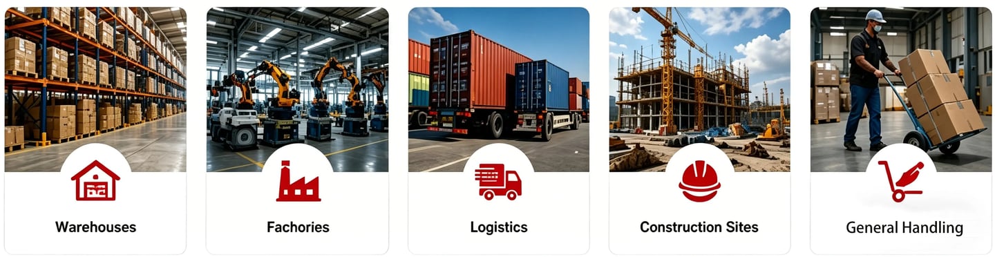 Collage showing industrial services like warehouse storage, factory automation, logistics shipping, and construction.