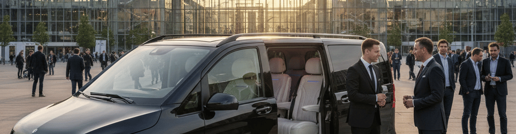 Exklusiver VIP-Shuttleservice Berlin: Chauffeur mit einem VIP-Kunden vor einem Eventzentrum.