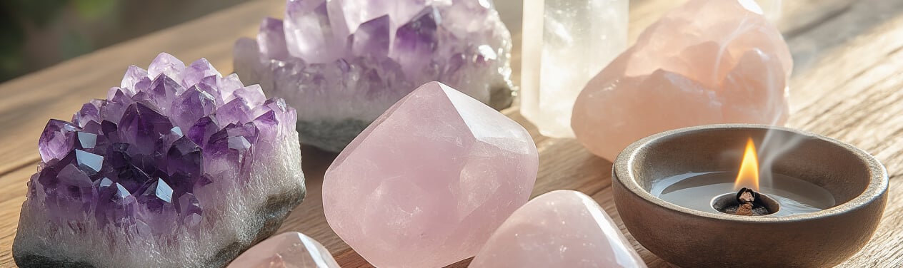 Kristalle und Edelsteine mit Kerze auf Tisch für Meditation