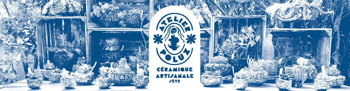 A display of ceramic kusamono and caudex pots with Atelier Polux logo in the middle