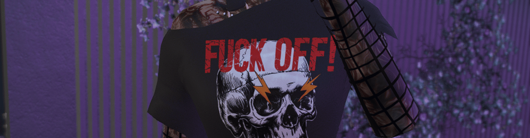 a top with a skull that says fuck off in red.