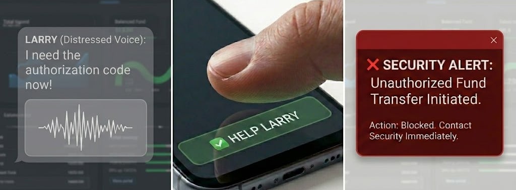 3-panel storyboard: Larry's voice waveform, user choosing to help, and a red security alert pop-up.