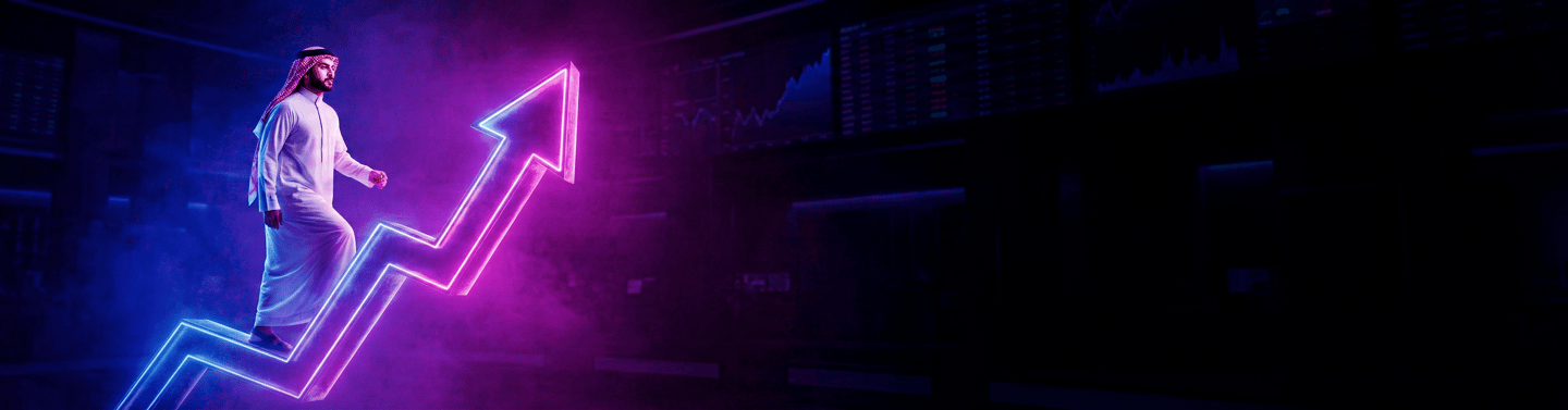 Arab businessman walking up a glowing neon arrow graph representing stock market growth and financial success.
