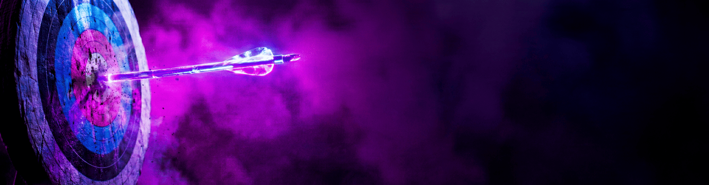Glowing purple arrow hitting the bullseye of a target in a misty, neon-lit archery setting.