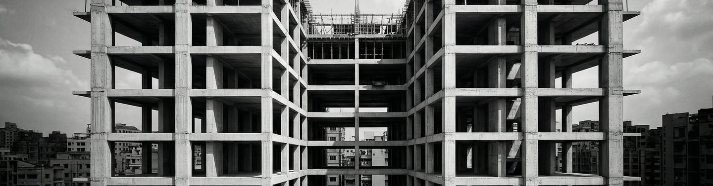 Estrutura de concreto em construção com linhas geométricas simétricas representando medição de risco