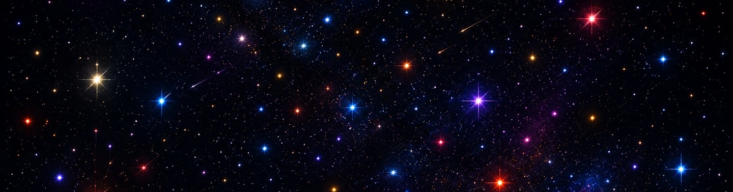 Vibrant colorful stars and galaxies sparkling in a deep black night sky space background.