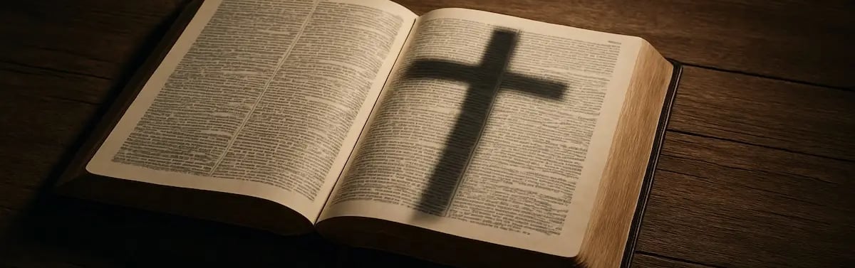 Shadow of cross cast over open Bible — symbol of God's forgiveness and grace after sin