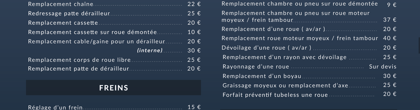 Grille tarifaire Atelier réparation vélo à La Croix-Valmer