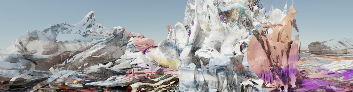 Abstract digital landscape art featuring colorful glitched mountain peaks and distorted textures.