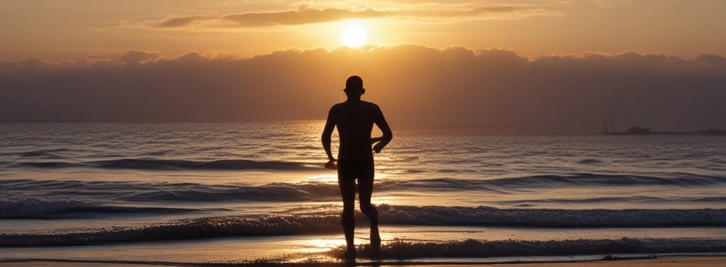 Silhouette of a man standing on a calm beach at sunrise with golden reflections on the water.