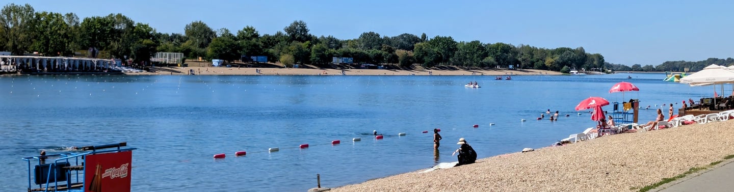 beautiful rock beach and man made lake in park Ada Ciganlicja, Belgrade, Serbia 