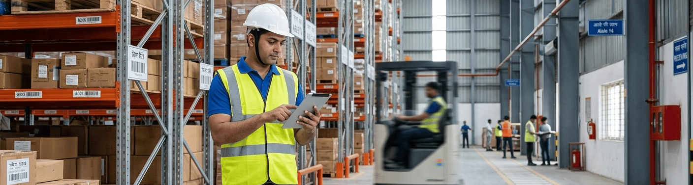 Person checking every package in warehouse