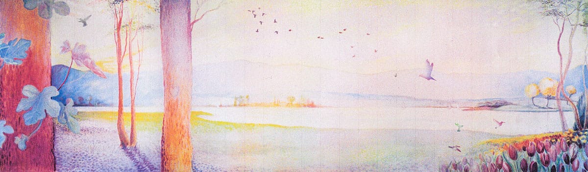 Long lake mural with trees and birds in flight, painted in warm pinks and greens for a peaceful waiting room.