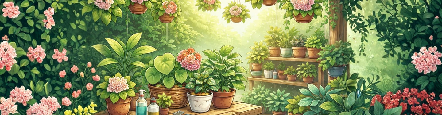 Illustration of tropical plant nursery garden with lush green foliage