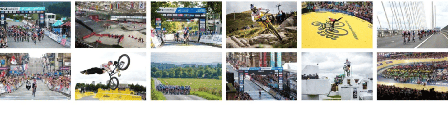 a collage of pictures of great major events, with big spectator crowds