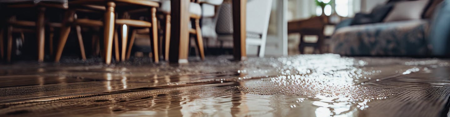 Water damage in the dining and living room area. Standing water on floors. Damaged wood floors.