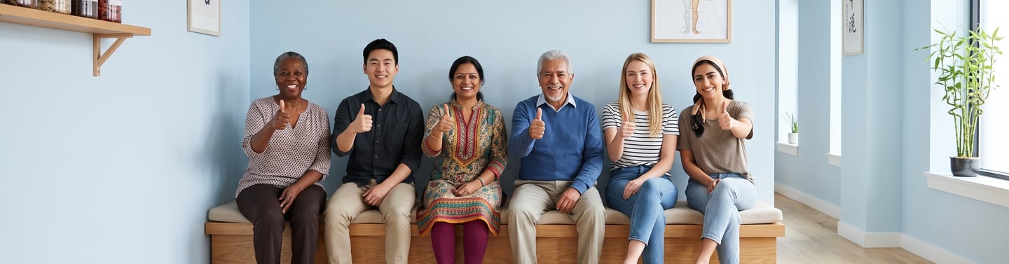 Diverse patients giving thumbs up in a modern acupuncture and holistic wellness clinic waiting room.
