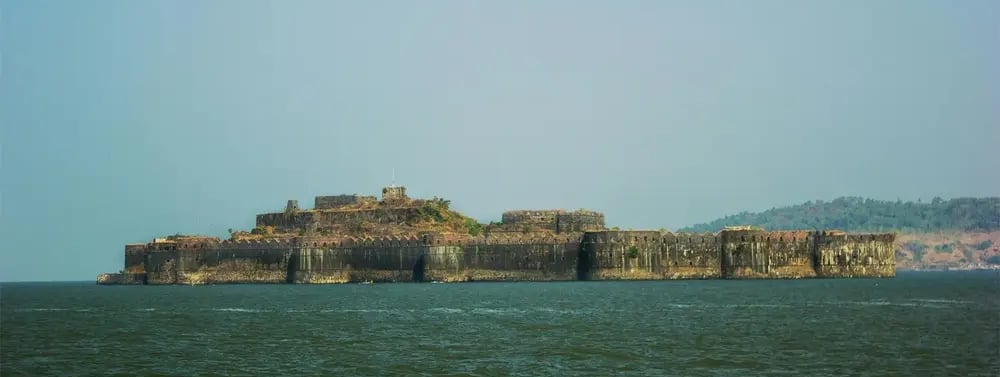 Janjira Fort Murud Raigad Maharashtra - panoramic sea view of the unconquered island fort surrounded by Arabian Sea waters