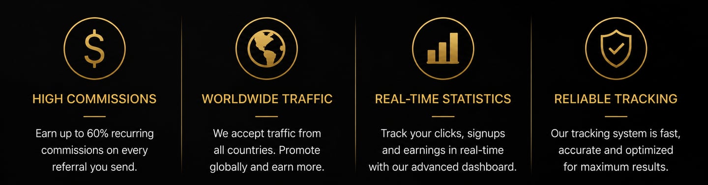 Four gold-colored icons represent affiliate marketing benefits: high commissions, worldwide traffic, real-time statistics