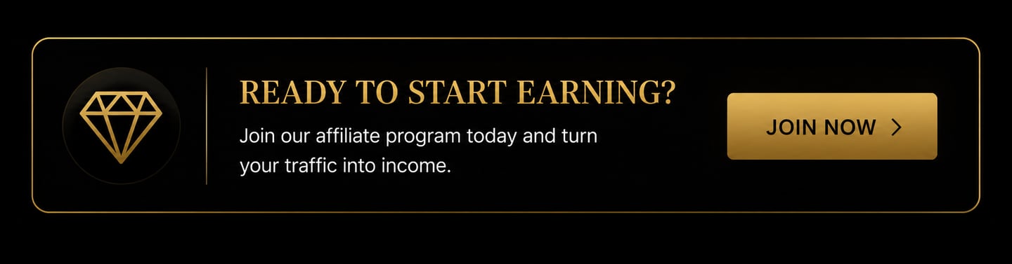 Gold diamond affiliate program banner with a join now button to earn income from traffic.