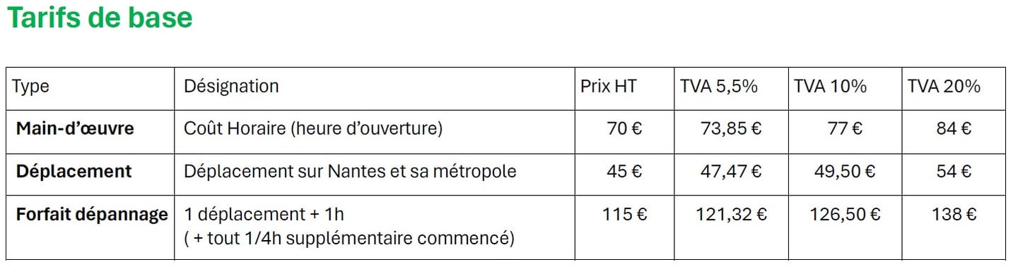 Tarif dépannage
